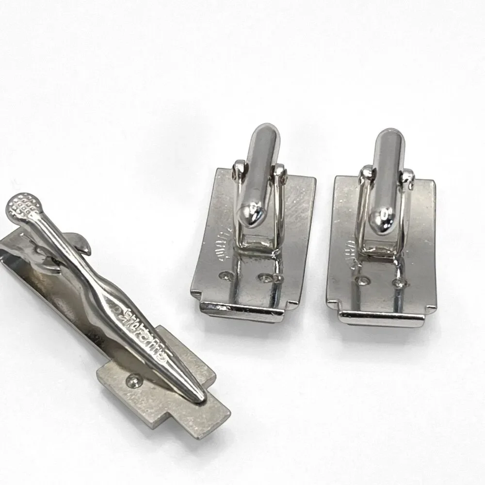 Vintage Swank F Monogram Mother of Pearl Cufflinks Tie Clip Set 2 Tone Initial